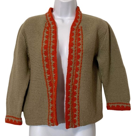 Hand Knit Cardigan Beige w/ Orange Geometric Design Open Front 3/4 Sleeves VTG - Picture 1 of 6